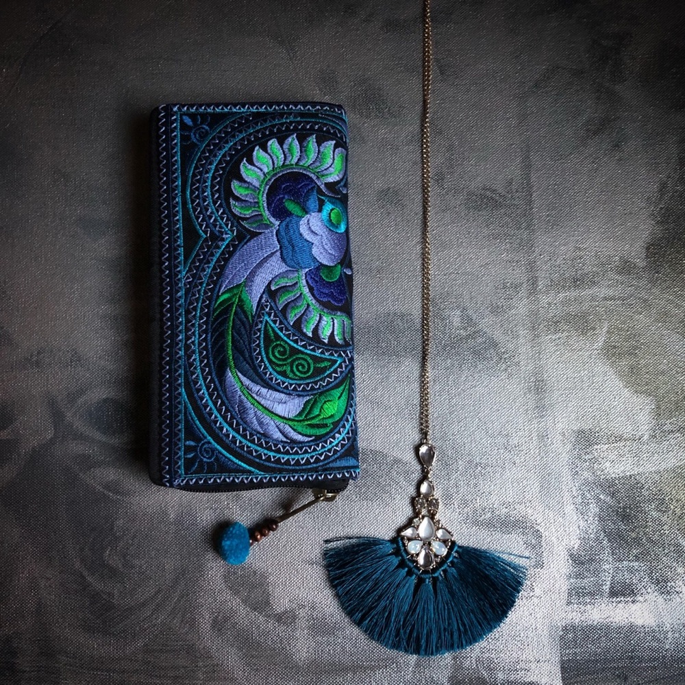 Embroidered Blue Feather Graphic Wallet / Clutch - Picture 2 of 8